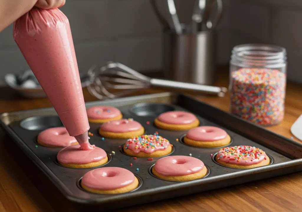 Piping colorful batter into molds for Barbie's Glam Glitter Donuts, ready for baking.