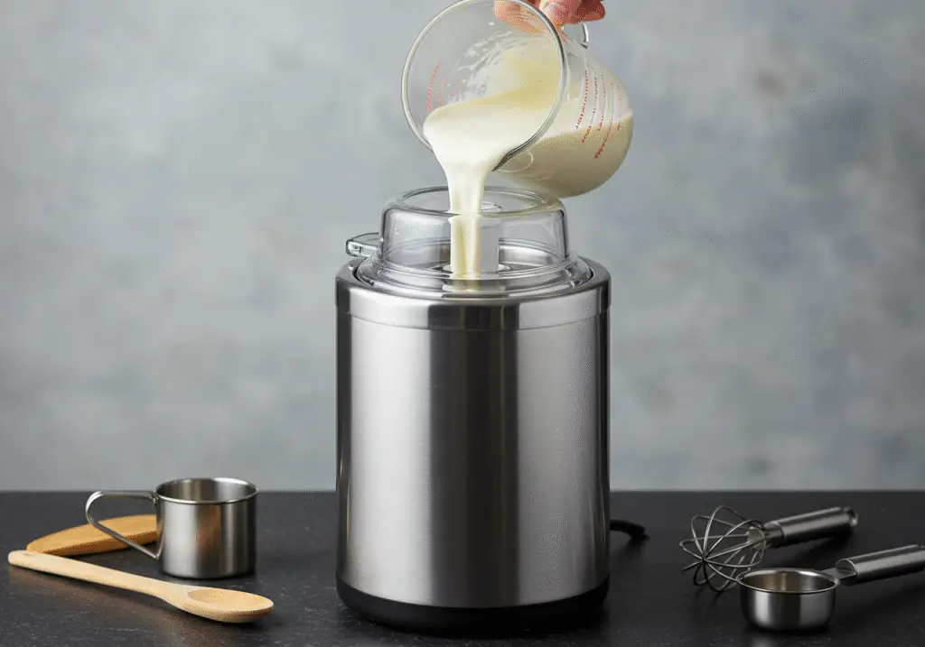 Pouring whipped cream mixture into an ice cream maker for Celestial Cream Cloud Ice Cream.