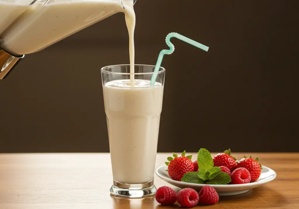 Pouring Coconut Milk Smoothie into a glass, perfect for a refreshing drink.