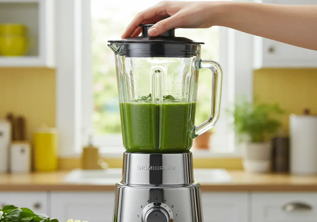 Blending avocado, cilantro, and lime for creamy dip consistency in a blender.