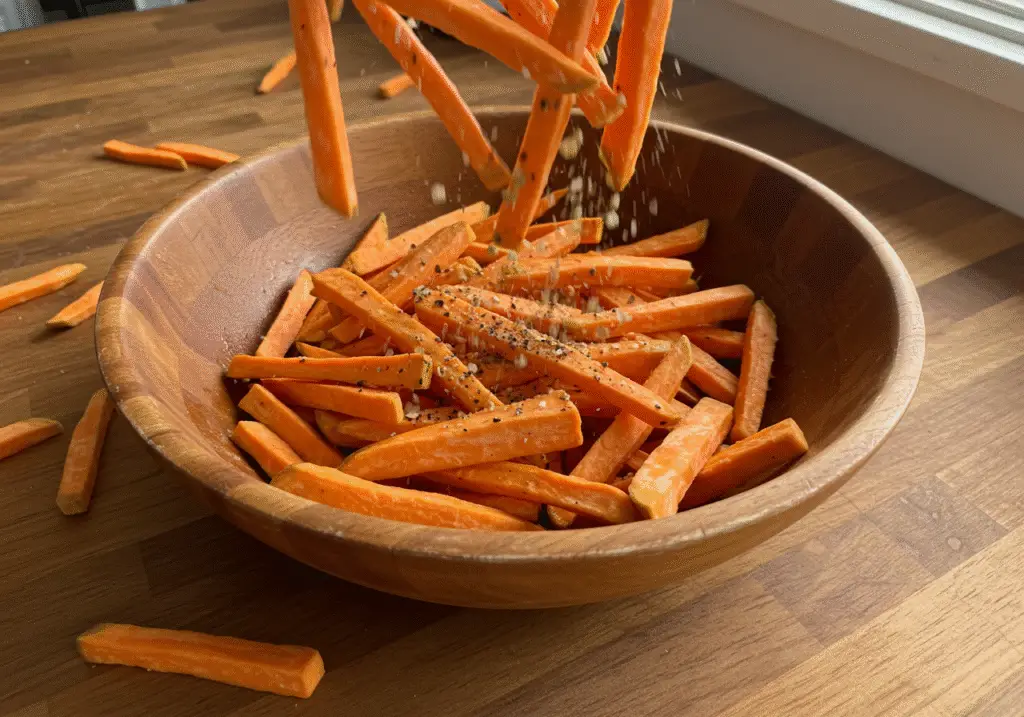 Cut sweet potato fries being seasoned with olive oil, salt, and pepper for air frying.