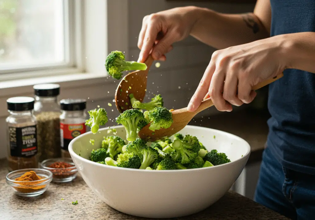 Broccoli being tossed with olive oil and seasonings for a crispy parmesan roasted broccoli recipe.