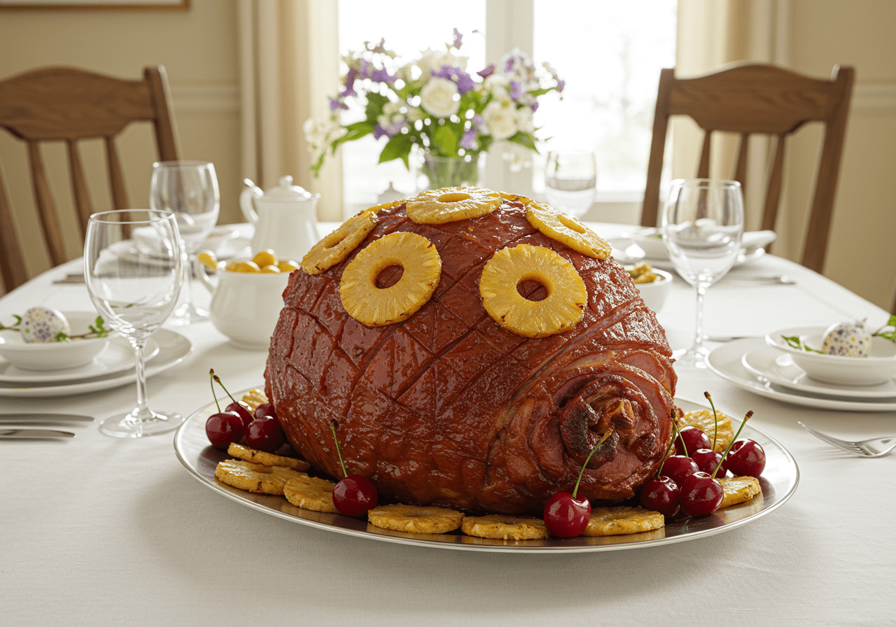 Finished Easter Sunday Ham with Pineapple Glaze, a centerpiece for Easter celebration meals.