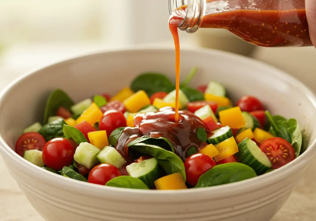 Edamame salad being mixed together with flavorful dressing added to enhance taste.