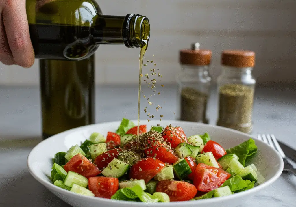 Drizzling olive oil and adding oregano to Greek Feta Salad Tower ingredients for enhanced flavor.