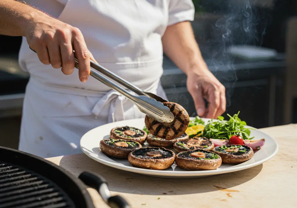 Grilled portobello mushrooms ready to serve on a platter after cooking.