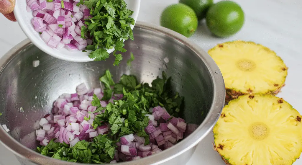 Diced onions and cilantro being added to a bowl for Pineapple Salsa preparation.