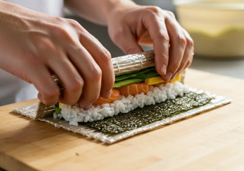 Rolling Rainbow Sushi Rolls with colorful filling inside sushi rice and nori.