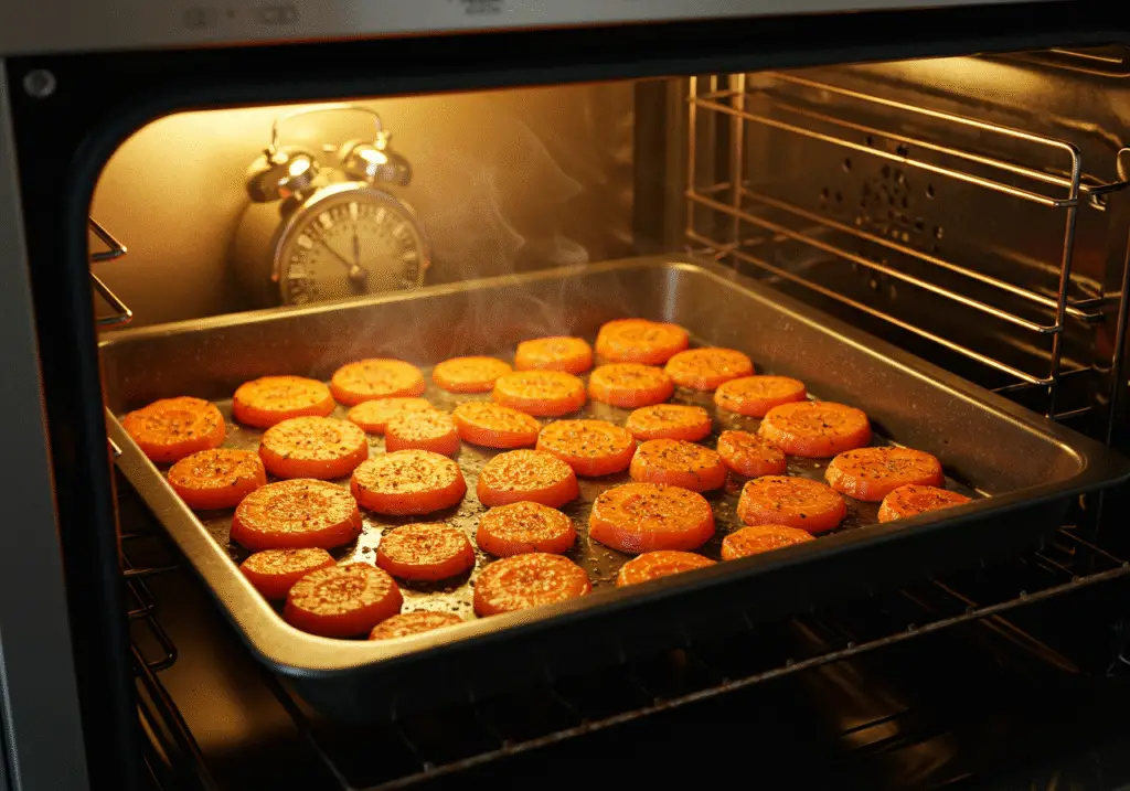 Carrots being roasted in the oven for roasted carrot soup preparation.