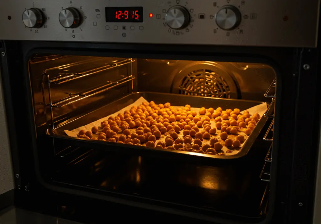 Roasting chickpeas in the oven for a flavorful Spiced Chickpea Snack Mix.