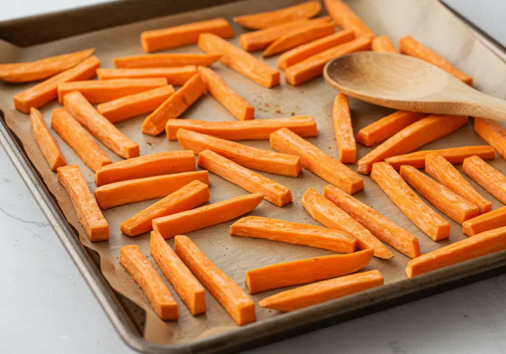 Spread sweet potato slices on a baking sheet, preparing for roasting Sweet Potato Fries.