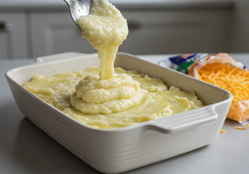 Loading the baking dish with potato casserole mixture in preparation for baking.