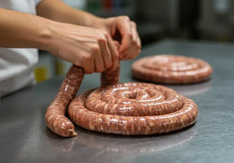 Homemade beef sausage links being prepared, showcasing seasoned meat being stuffed into casings on a countertop.