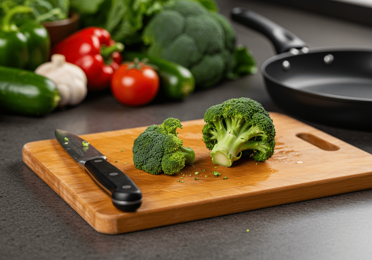 Freshly chopped broccoli for a broccoli cheddar creamy beans recipe, showcasing vibrant green color on a cutting board.