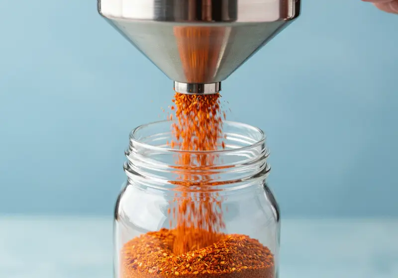 Filling a glass jar with homemade chicken ramen seasoning for easy storage.