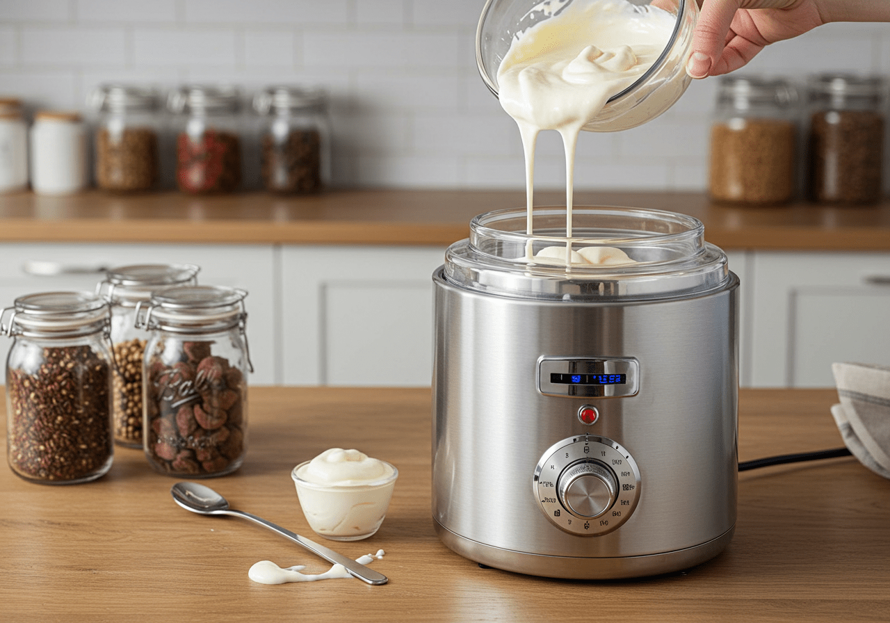Pouring the yogurt mixture into an ice cream maker to create the perfect frozen yogurt for Dreamy Frozen Yogurt Paradise.
