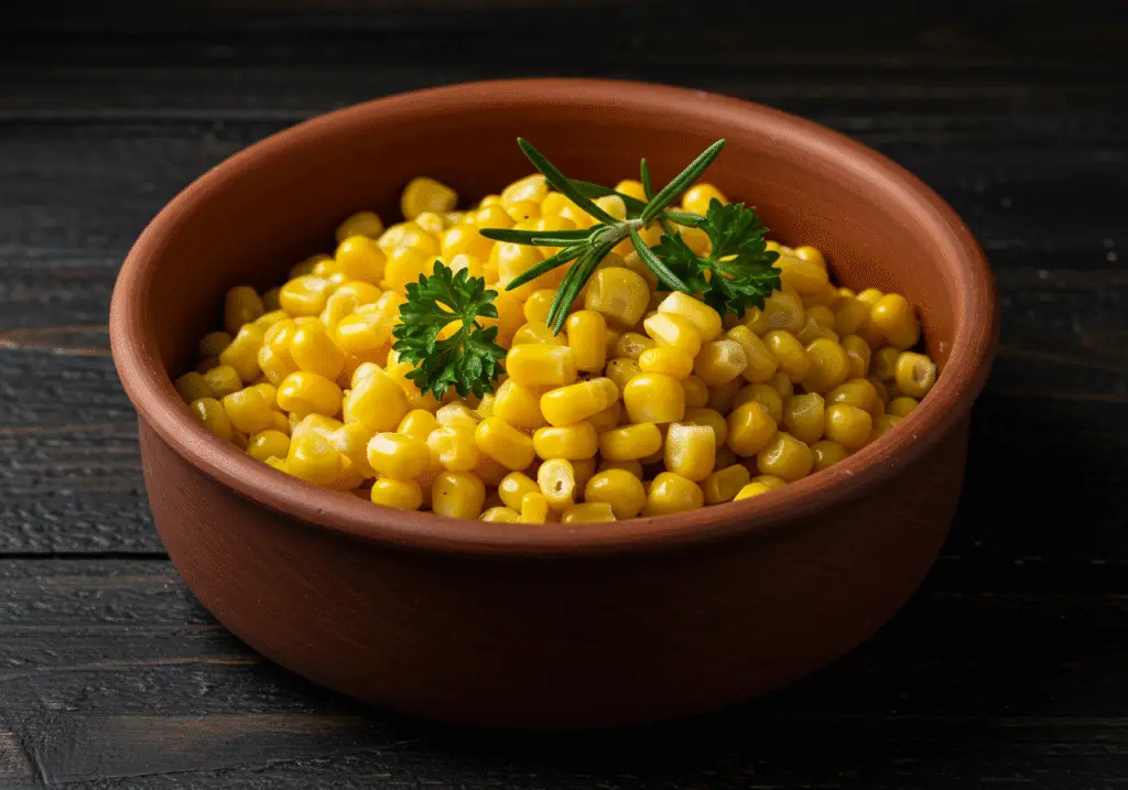 Final presentation of sweet corn elegance, vibrant yellow corn dish, showcasing delicious, preserved sweet corn.