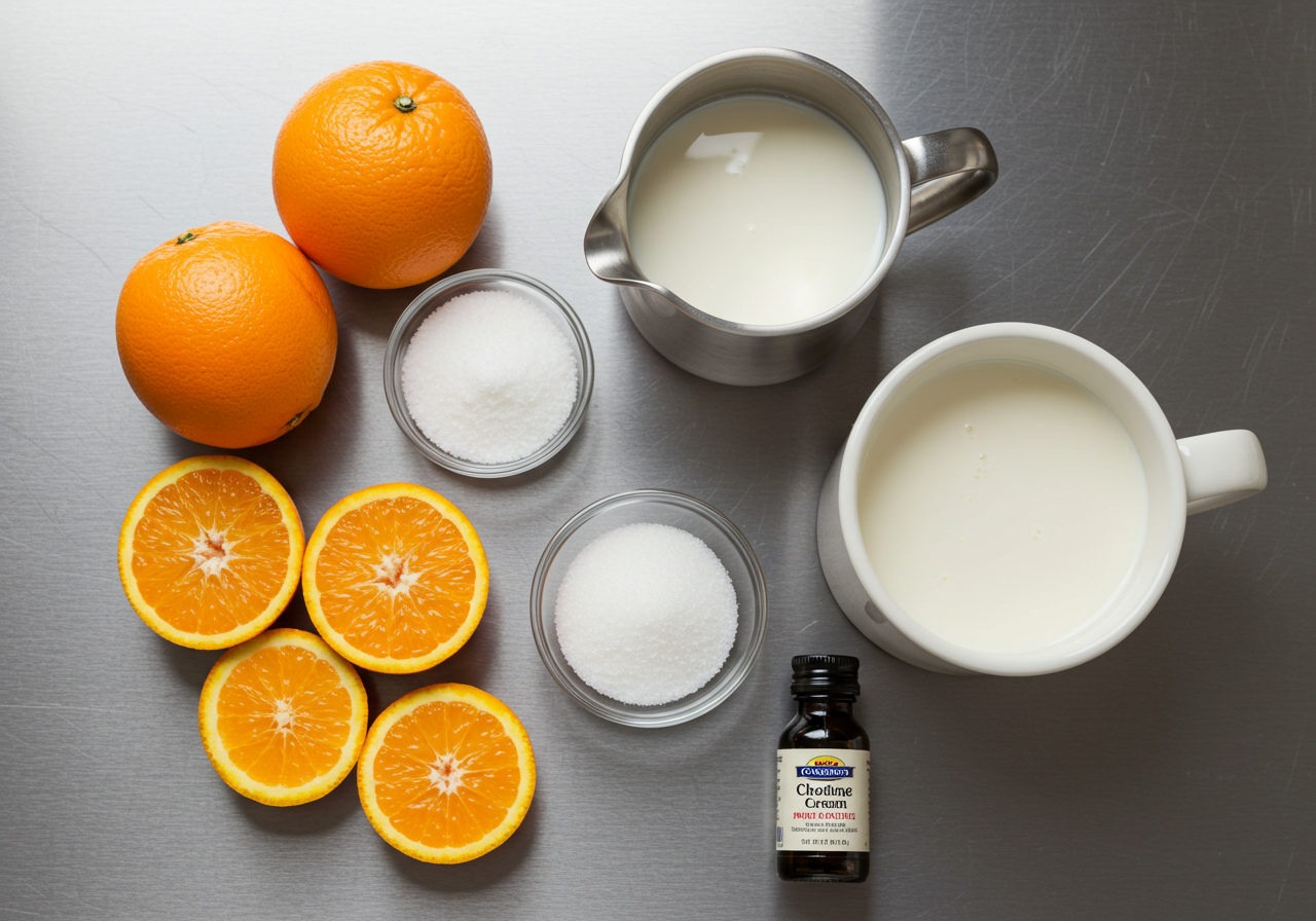 Ingredients for Ethereal Ghost Orange Cream including fresh oranges, sugar, and vanilla, showing a rustic kitchen setup.
