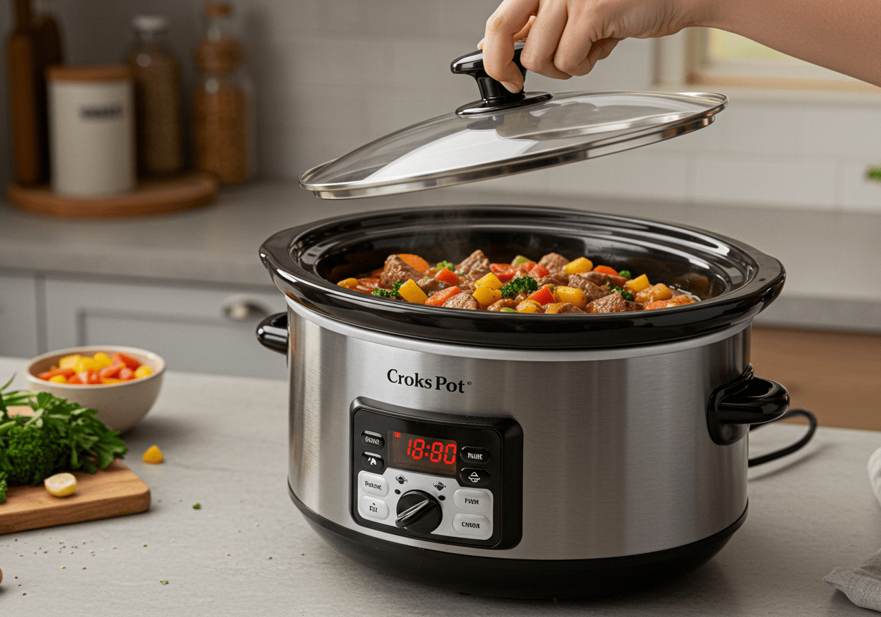 Setting a slow cooker timer for a gluten-free recipe, emphasizing convenience in gluten-free slow cooker meals.