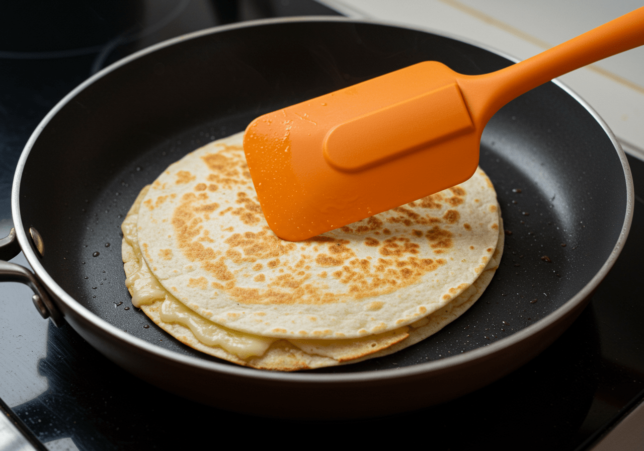 Cooking quesadilla in a skillet, showing it being flipped for even cooking.