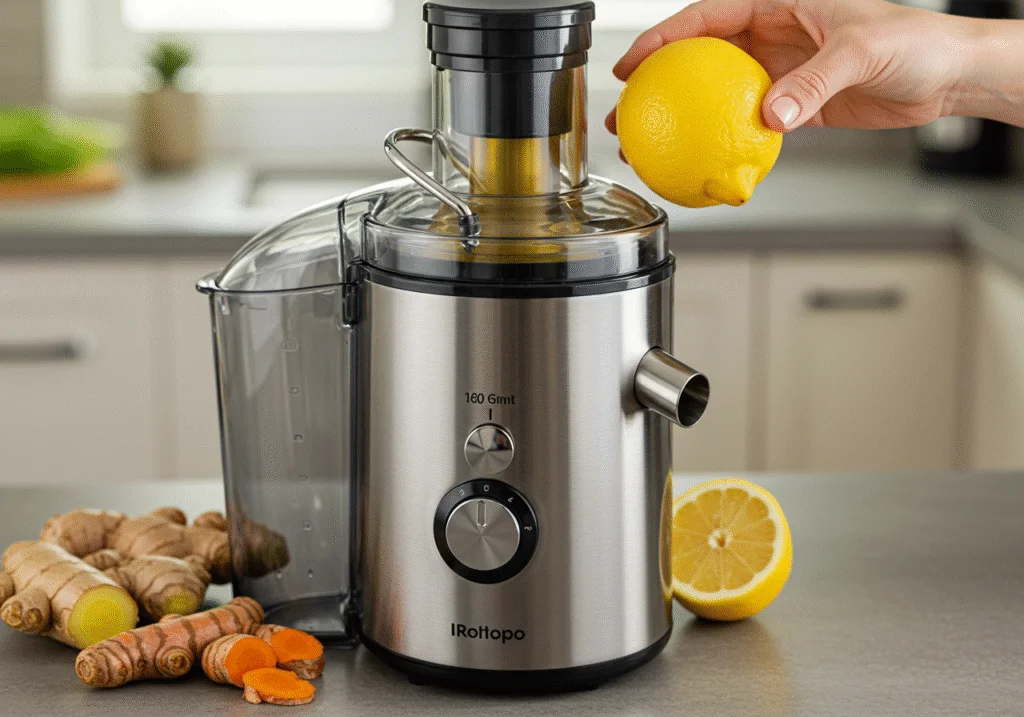 Juicing fresh ingredients for invigorating wellness shot recipes, showcasing ginger, turmeric, and lemon in action.