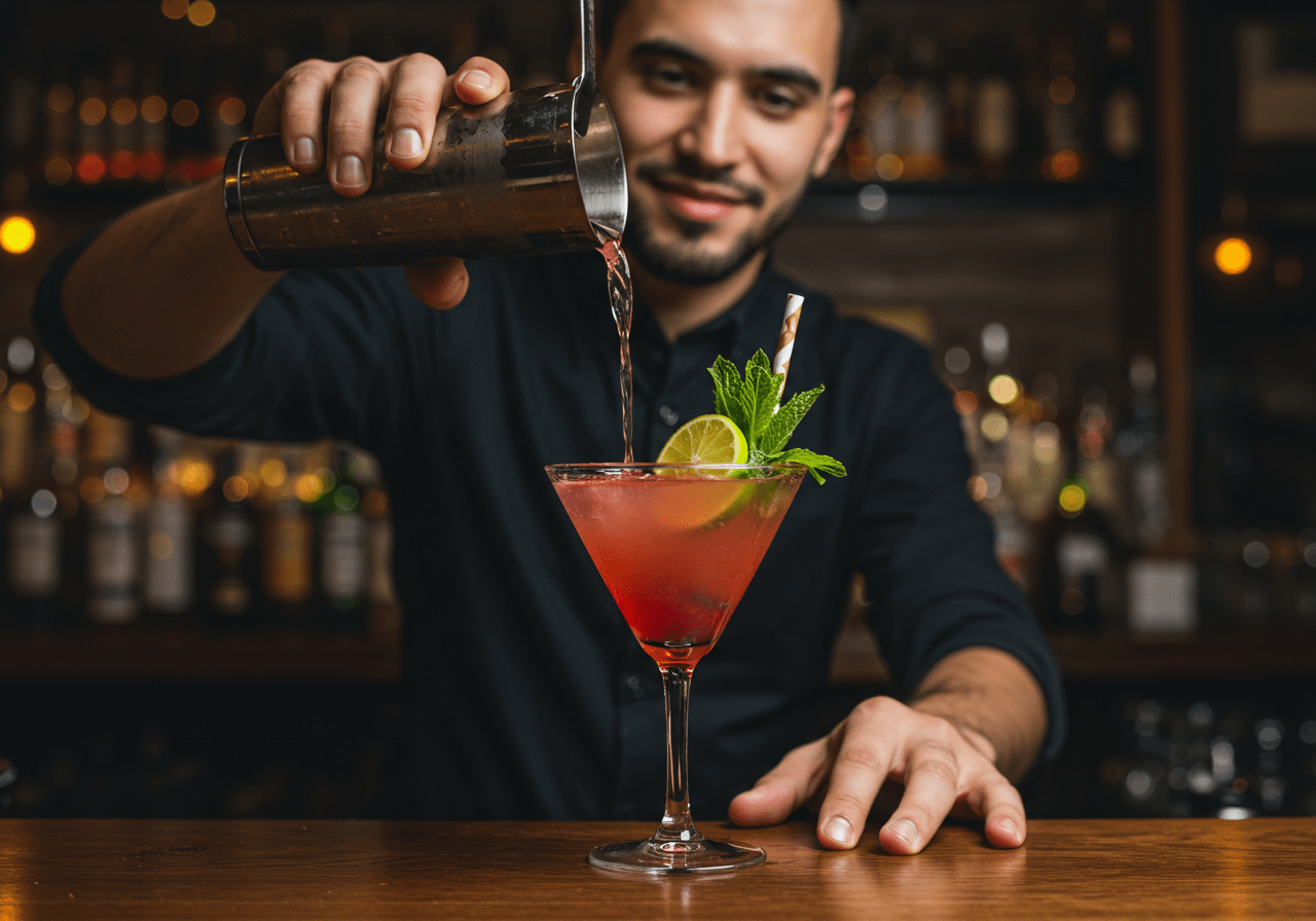 Pour stunning Licor 43 cocktails into elegant glasses, bringing Licor 43 recipes to life with colorful garnishes.