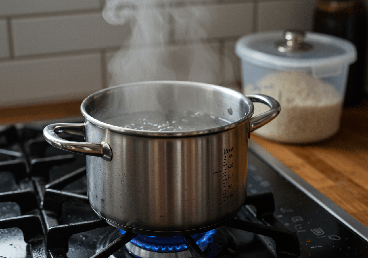 Water boiling in a pot for cooking 1 cup uncooked rice, emphasizing the preparation process in a cozy kitchen setting.