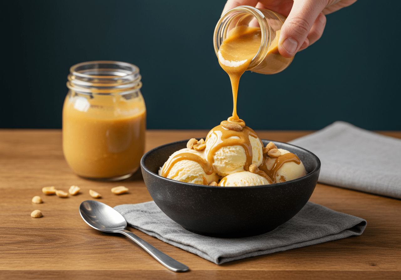 Irresistible final presentation of homemade peanut butter sauce over ice cream, showcasing a delicious peanut butter sauce recipe.
