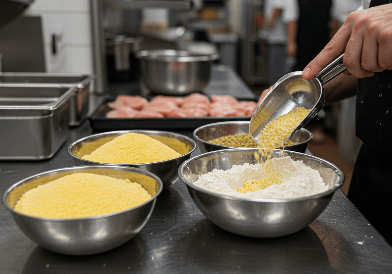Preparing the breading for Royal Farms Chicken using flour and cornmeal mixture for added crunch.