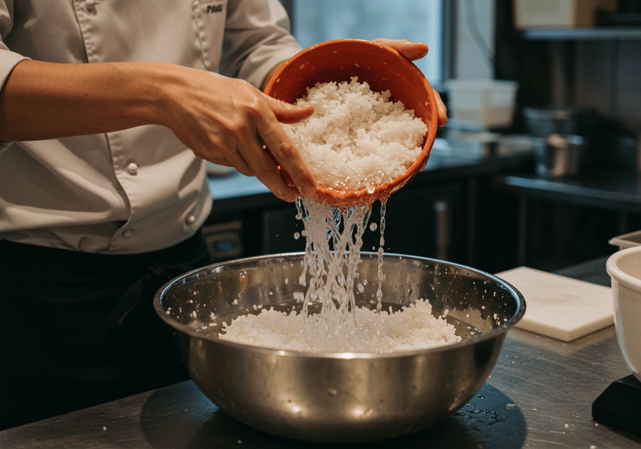 Preparing sushi rice with rinsed grains for a delicious masago sushi recipe.