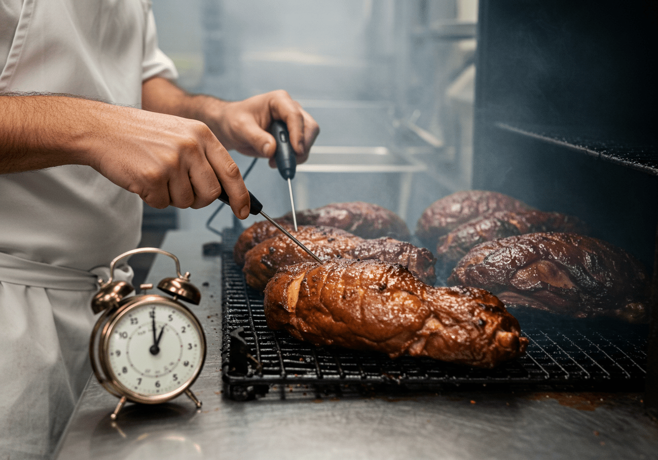 Chef carefully checking the smoked turkey tails for tenderness and perfect color during the smoking process.