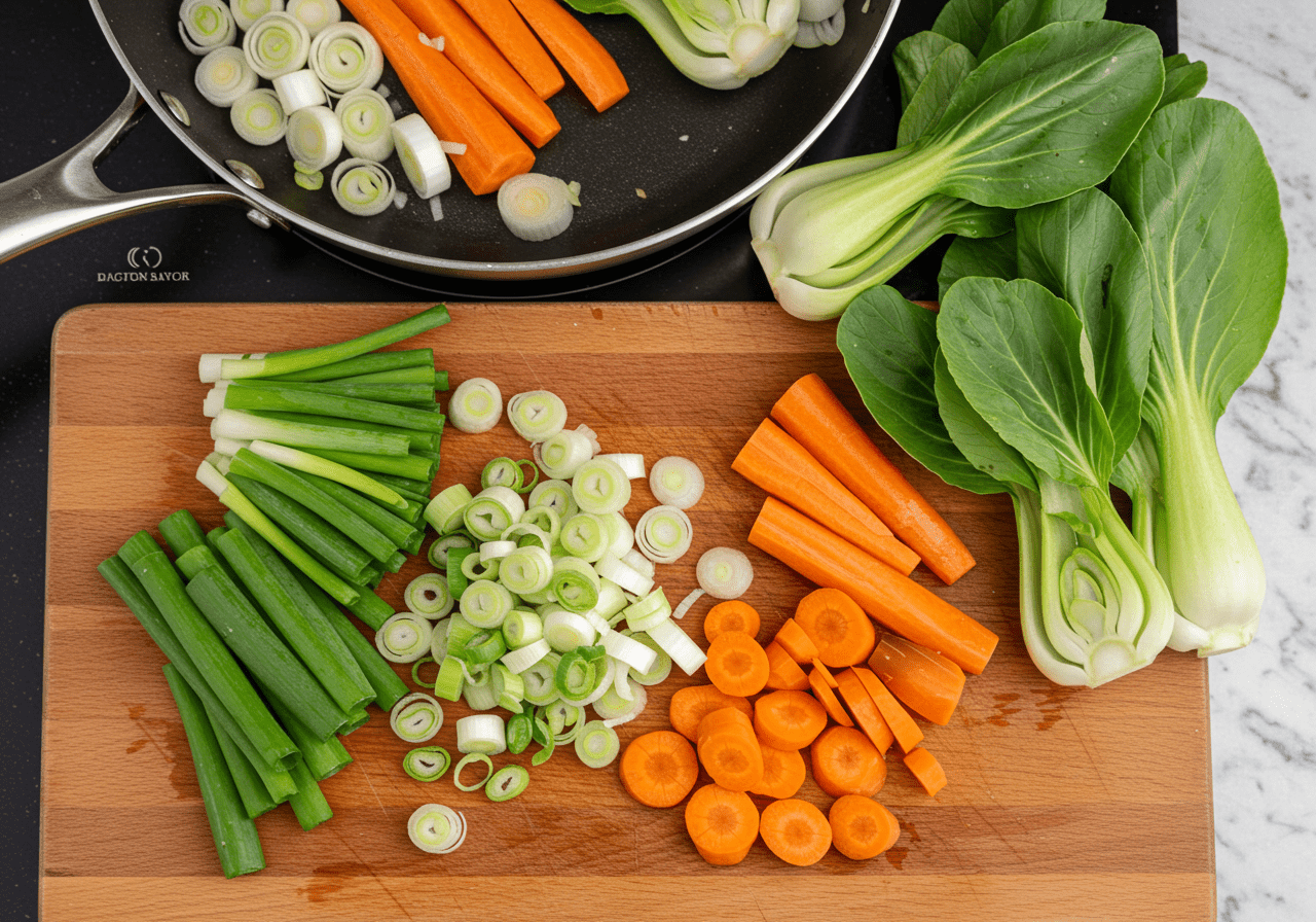 Chopping fresh vegetables for Spicy Dragon Bowl Ramen to enhance flavors and nutrition in the dish.