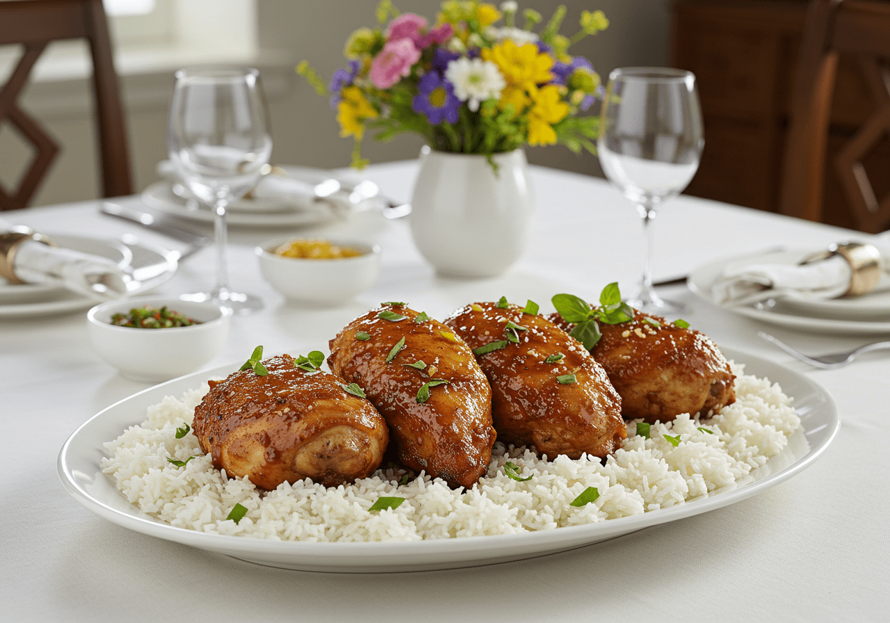 Final presentation of Ta Chien chicken garnished with herbs served on a platter alongside steamed rice for an inviting meal.