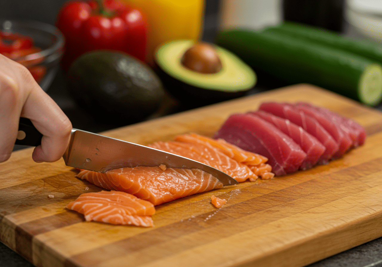 Fresh seafood preparation for Tokyo sushi menu, showcasing finely sliced fish ready for sushi making.