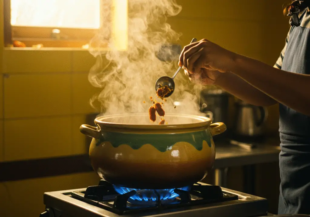 Cooking process for Ugadi Pachadi with tamarind and spices in a pot, illustrating the traditional Ugadi Pachadi recipe.