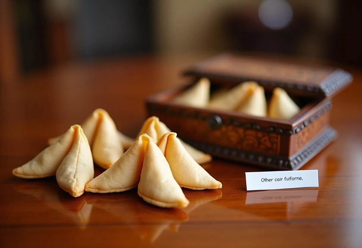 Beautifully arranged mystical fortune cookies with visible fortunes, ready for enjoyment in a decorative box.