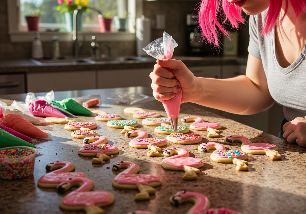Add colorful icing and fun sprinkles to charming flamingo cookies, transforming them into decorative treats.