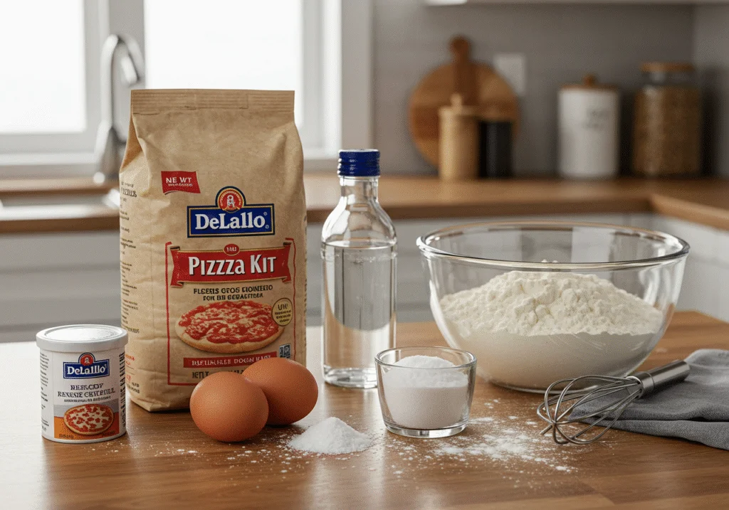 DeLallo pizza dough kit ingredients arranged on a kitchen counter ready for making authentic Italian pizza dough.