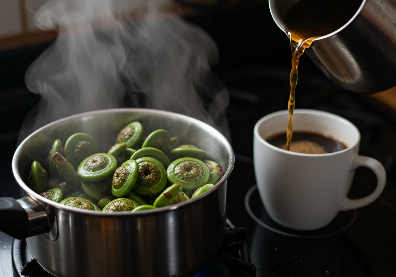 Steaming fiddleheads in a pot next to pouring dark coffee, a step in making Cozy Neighborhood Fiddleheads Coffee, highlighting the aromatic ingredients.