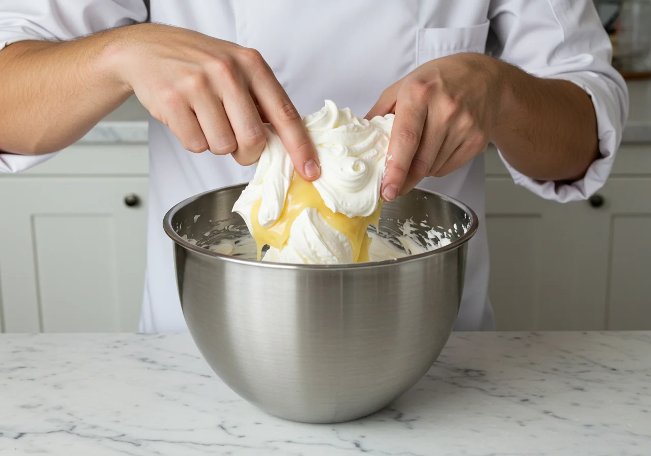 Folding condensed milk and vanilla into a fluffy dream cream mixture for a delightful dessert.