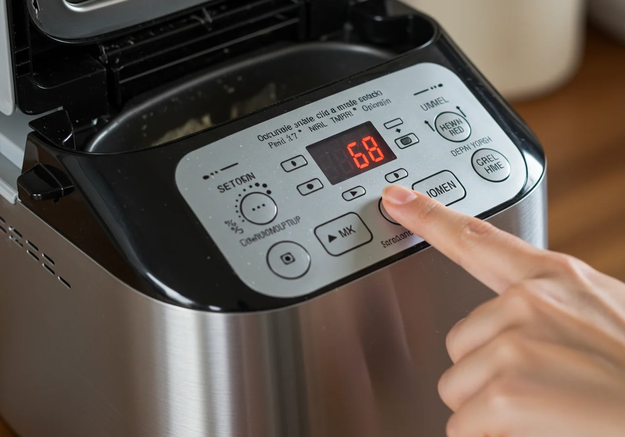 Setting up the dough mixing process in a bread machine with the control panel displayed and cycle settings being selected.