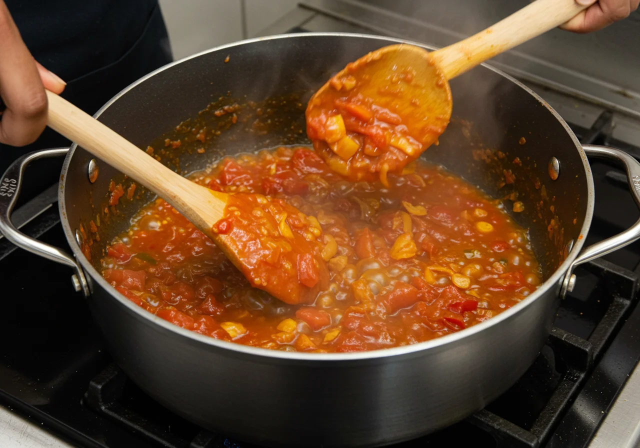 Cooking a rich tomato sauce for jollof rice with chicken in a large pot, showcasing delicious ingredients blending together.