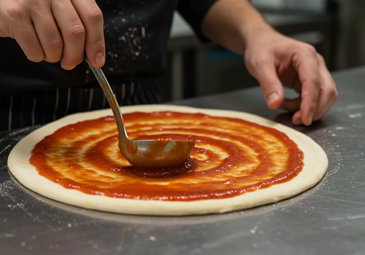 Spreading tomato sauce on hand tossed pizza hut, constructing a flavorful base for the pizza.