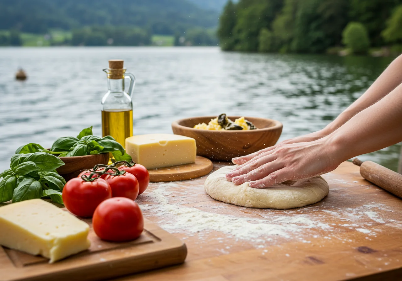 Lakeside pizza preparation with fresh ingredients, perfect for a summer cookout.