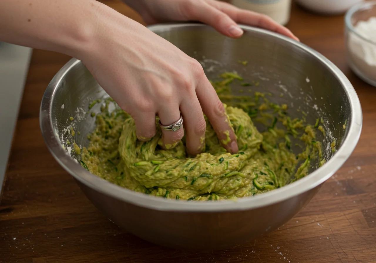 Combining wet and dry ingredients for a delicious zucchini bread recipe, highlighting the addition of grated zucchini.