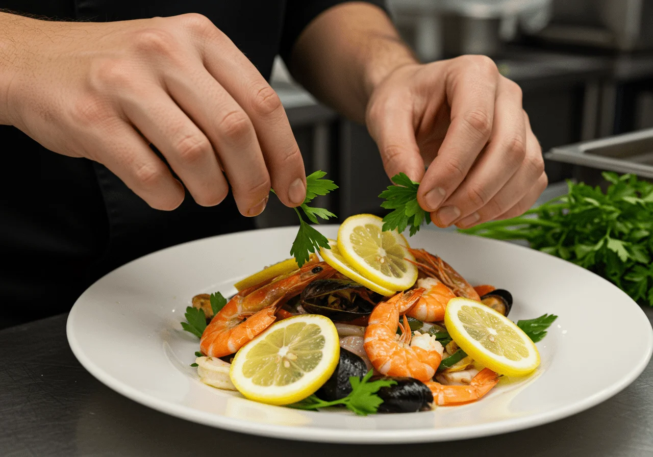 Garnishing the seafood medley with lemon slices and fresh parsley for an exquisite presentation.