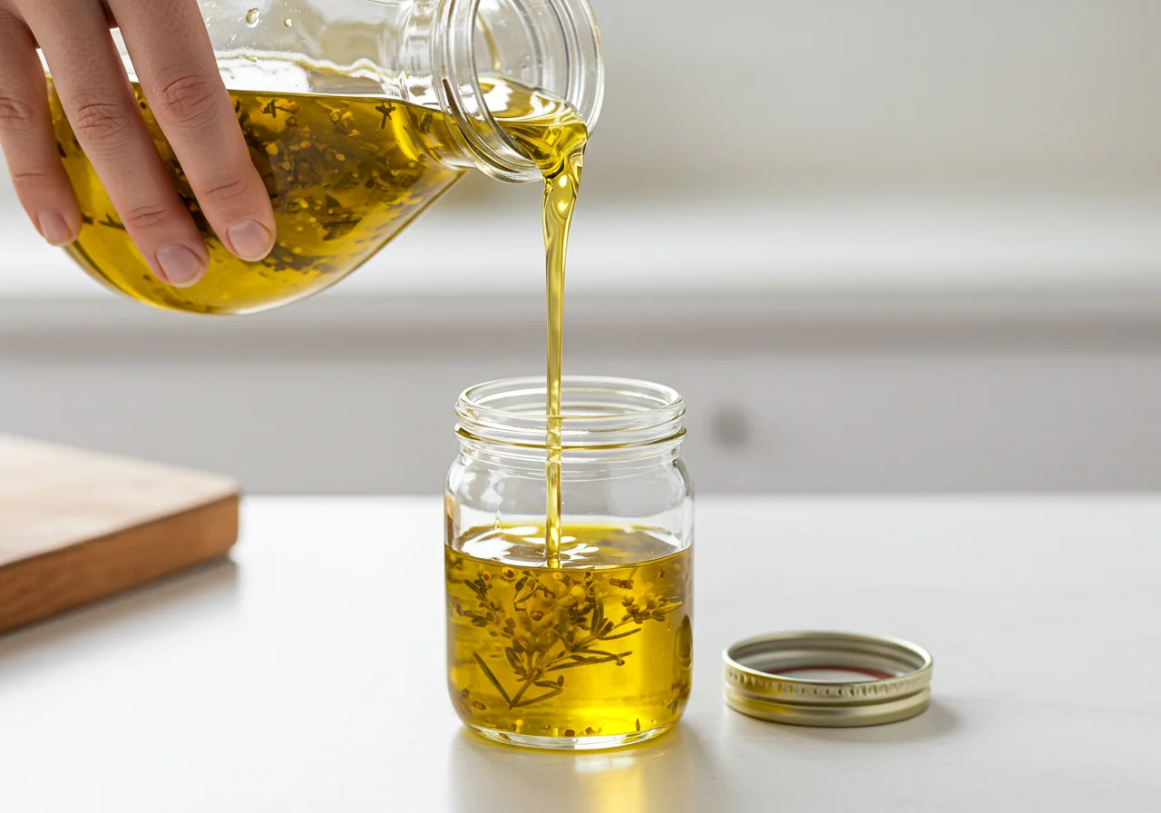 Storing the infused vegetable oil in a jar, perfectly demonstrating its role as a practical alternative to olive oil.