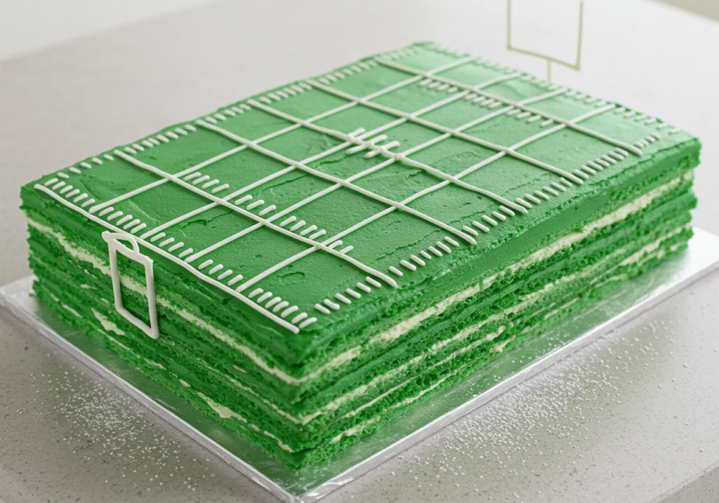 Assembling and decorating the Touchdown Triumph Football Cake with vibrant green frosting and white icing lines for a football field look.