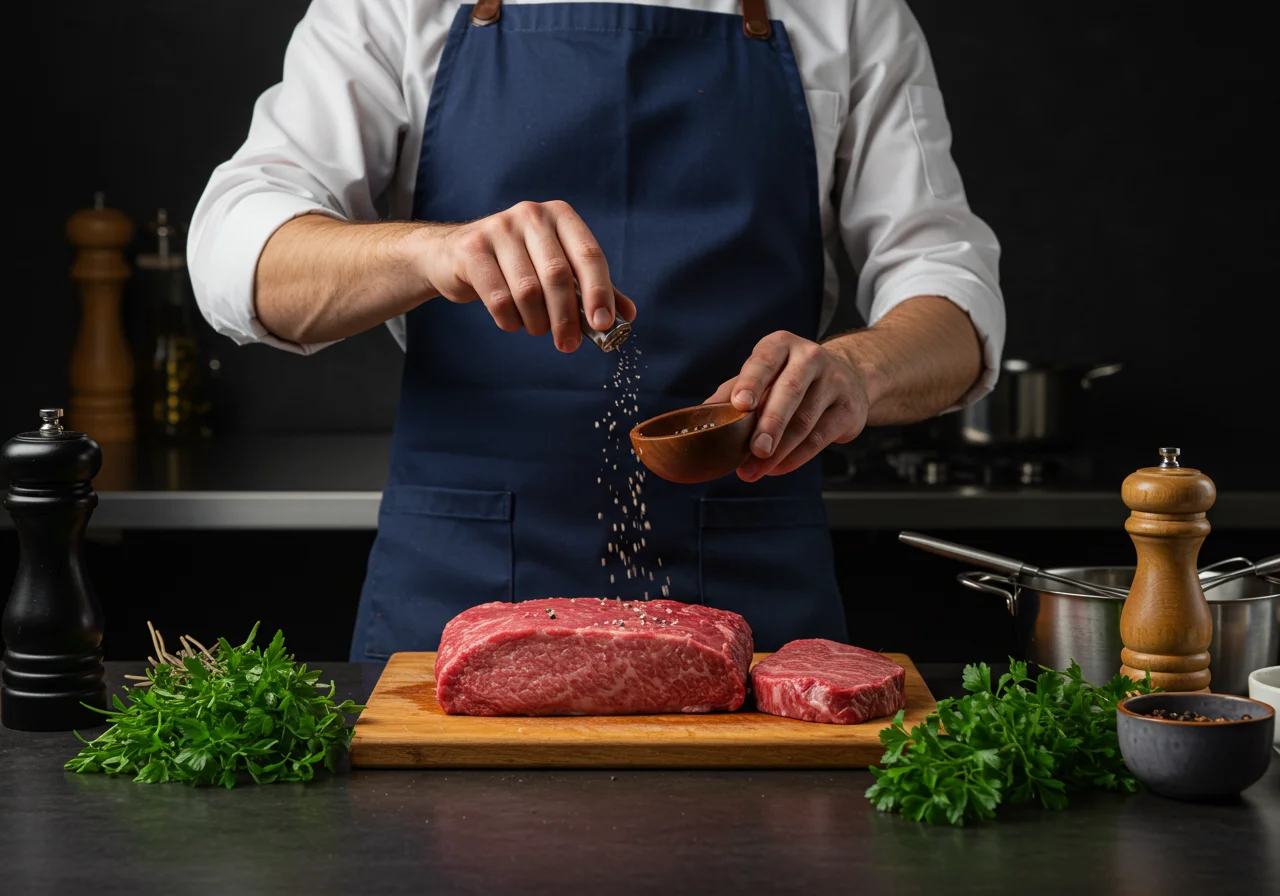 Chef seasoning Wagyu beef in a bright kitchen, illustrating the health benefits of using quality ingredients in recipes involving Wagyu beef.