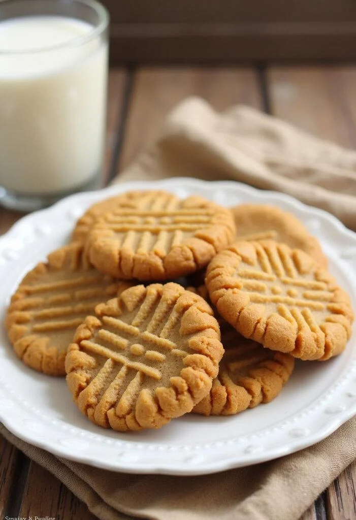 Delicious golden-brown Air Fryer Peanut Butter Cookies served with a glass of milk, perfect for a cozy treat.